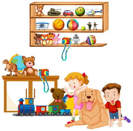 Shelf full of books and toys on white background illustrationのイラスト素材