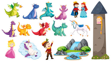 Fairtale set with dragons and princess in the tower illustrationのイラスト素材