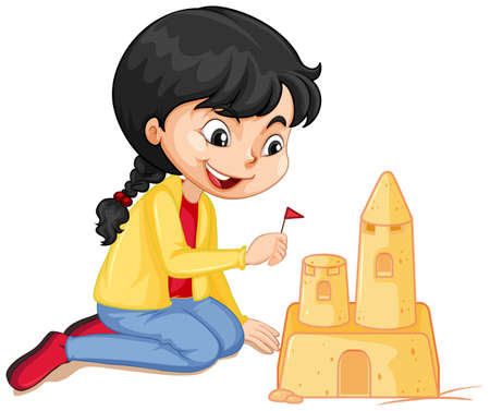 Girl in yellow jacket making sandcastle on white background illustrationのイラスト素材