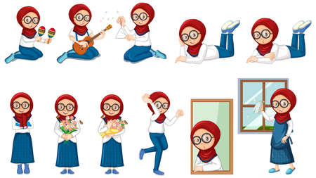 Muslim girl doing many activities on white background illustrationのイラスト素材