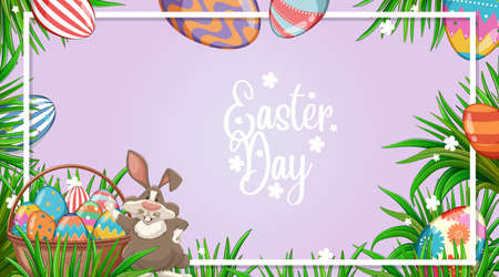 Poster design for easter with easter bunny and painted eggs in garden illustrationのイラスト素材