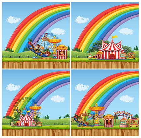 Four scenes with children riding rides in the funpark illustrationのイラスト素材