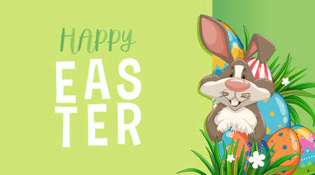 Poster design for easter with bunny and painted eggs illustration