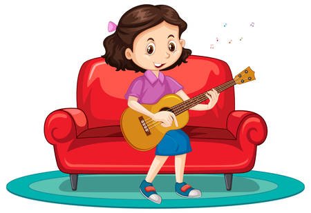Girl playing guitar on sofa illustrationのイラスト素材