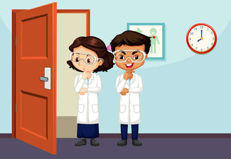 Classroom scene with two science students inside illustrationのイラスト素材
