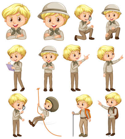 Boy in scout uniform doing different activities on white background illustrationのイラスト素材