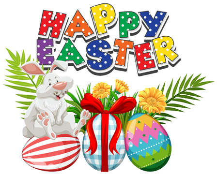 Poster design for easter with white bunny and decorated eggs illustrationのイラスト素材