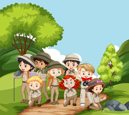 Scene with many kids in the park illustrationのイラスト素材