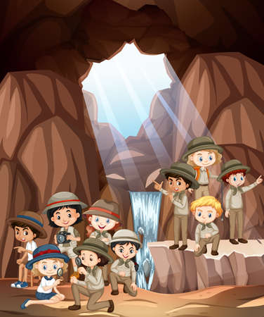 Scene with many children in the cave illustrationのイラスト素材