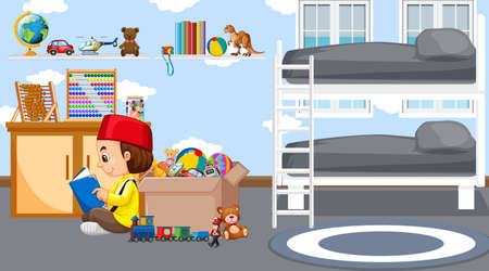 Scene with muslim boy reading book in the bedroom illustrationのイラスト素材