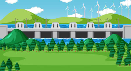 Scene with dam and wind turbines on the hills illustrationのイラスト素材