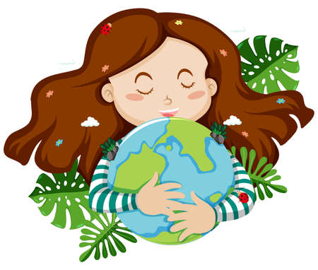 Cute girl hugging blue earth with leaves in background illustrationのイラスト素材