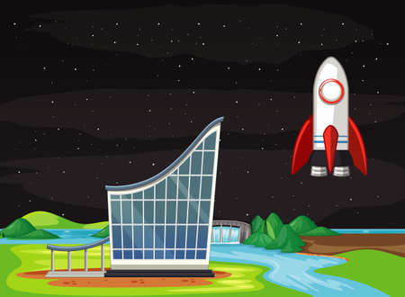 Scene with spaceship flying in the sky illustrationのイラスト素材