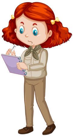 Girl in safari outfit writing note on white background illustrationのイラスト素材