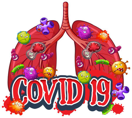 Covid 19 sign template with virus cells in human lungs illustrationのイラスト素材