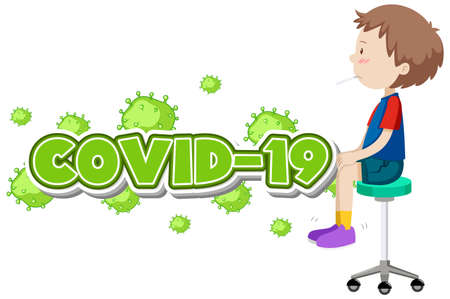 Covid 19 sign template with sick boy and high fever illustrationのイラスト素材