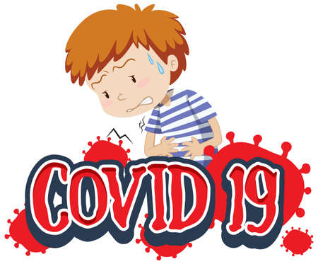 Covid 19 sign template with boy and stomach pain illustrationのイラスト素材