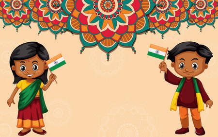 Background template design with mandala patterns and happy children illustrationのイラスト素材