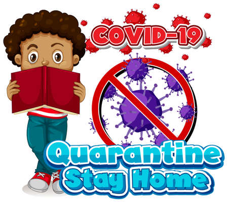 Font design for word quarantine stay home with boy reading book illustrationのイラスト素材