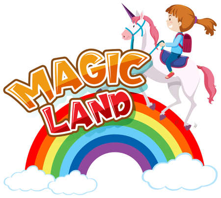 Font design for word magic land with girl riding unicorn illustrationのイラスト素材