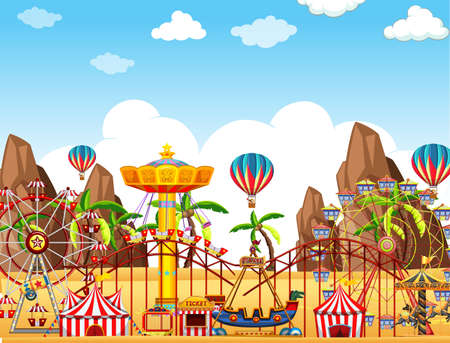 Themepark scene with many rides on the desert ground illustrationのイラスト素材