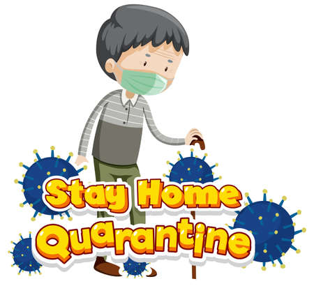 Font design for word quarantine with old man and virus cells illustrationのイラスト素材