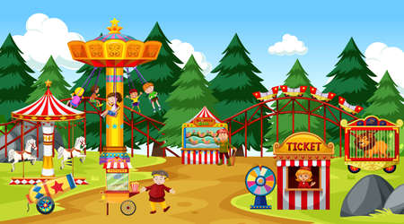 Themepark scene with many rides and many people illustrationのイラスト素材