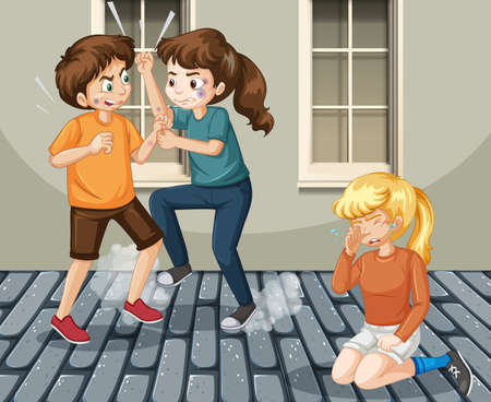 Domestic violence scene with people fighting on the street illustrationのイラスト素材