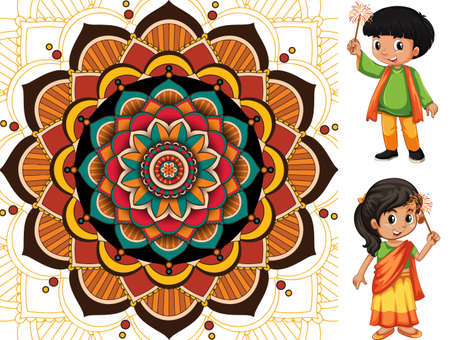 Mandala pattern design and two happy kids illustrationのイラスト素材