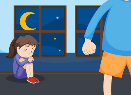 Scene with man and girl crying at home illustrationのイラスト素材