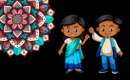 Background design with happy kids and mandala patterns illustrationのイラスト素材