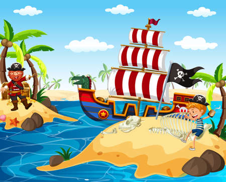 Pirate and happy boy sailing in the ocean illustrationのイラスト素材