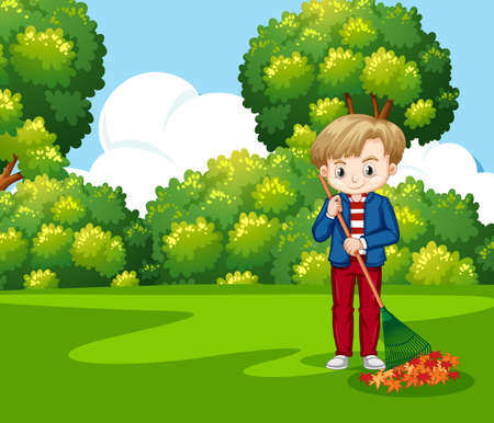 Scene with boy raking leaves in the park illustrationのイラスト素材