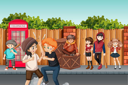Domestic violence scene with people fighting on the street illustrationのイラスト素材