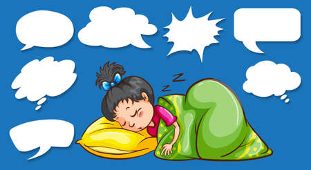 Different shapes of speech bubbles with girl sleeping illustrationのイラスト素材