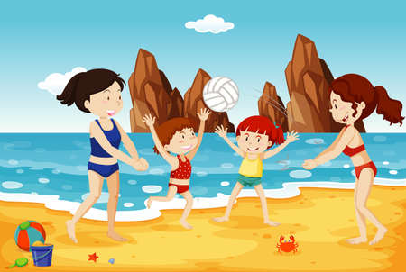 Ocean scene with people having fun on the beach illustrationのイラスト素材