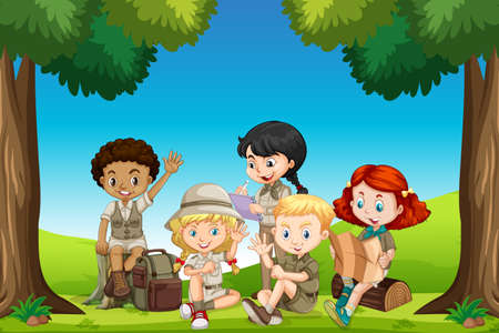 Scene with many children in the parkのイラスト素材