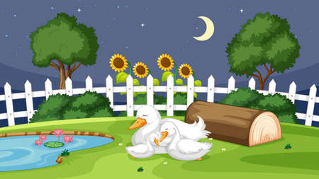 Cute duck sleeping on grass illustrationのイラスト素材