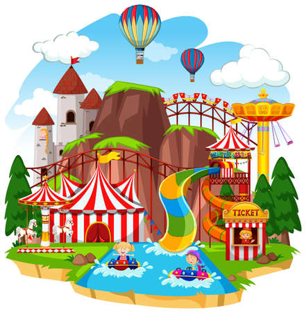 Themepark scene with many rides and waterslide illustrationのイラスト素材