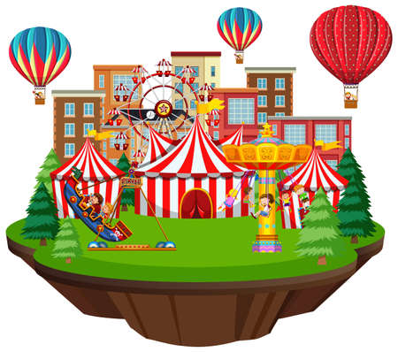 Scene with many rides in the park illustrationのイラスト素材