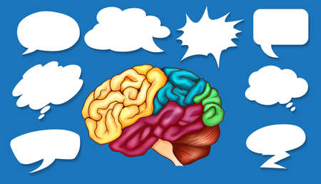 Different shapes of speech bubbles and colorful brain illustration