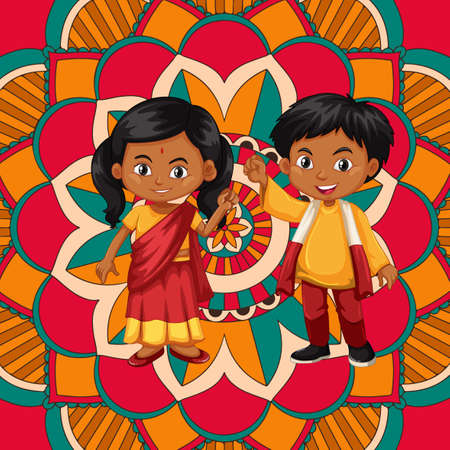 Background design with happy kids and mandala patterns illustrationのイラスト素材