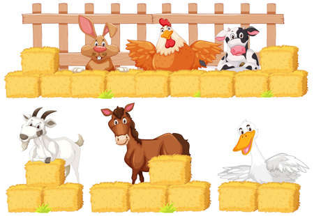 Set of farm animals and hay on white background illustrationのイラスト素材