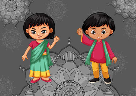 Background design with happy kids and mandala patterns illustrationのイラスト素材