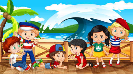 Scene with many children by the beach with big waves illustrationのイラスト素材