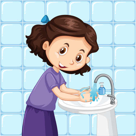A girl cleaning hands illustrationのイラスト素材