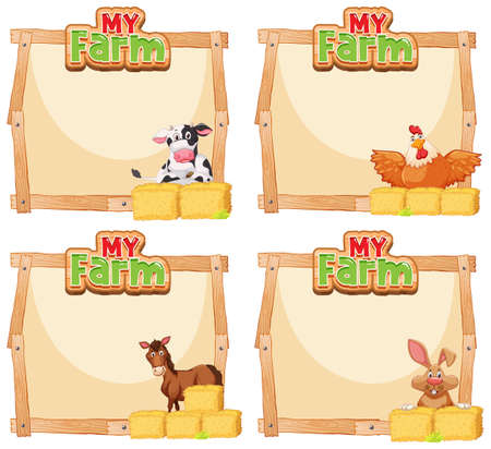 Border template design with many animals on the farm illustrationのイラスト素材