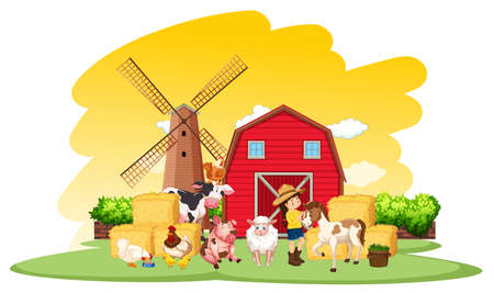 Farm scene with farmer and many animals on the farm illustrationのイラスト素材