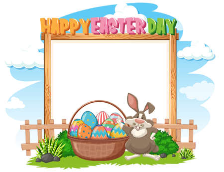 Border template design with Easter bunny and eggs in garden illustrationのイラスト素材