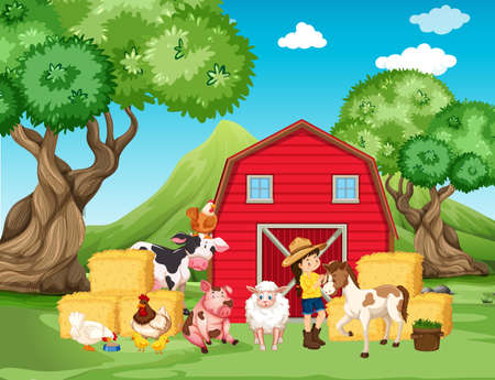 Farm scene with farmer and many animals on the farm illustrationのイラスト素材